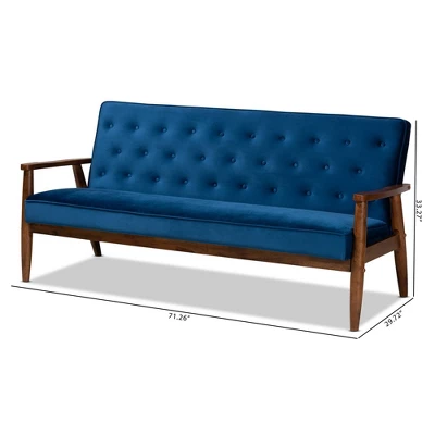Sorrento Velvet Upholstered Wooden 3 Seater Sofa Navy Blue/Brown - Baxton Studio - Image 8