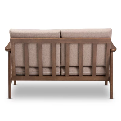 Venza Mid-Modern Walnut Wood Fabric Upholstered 2 Seater Loveseat Light Brown - Baxton Studio - Image 3