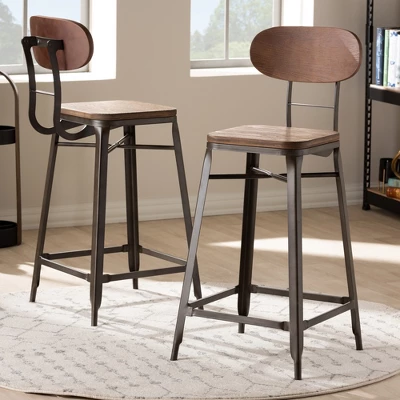Set Of 2 Varek Bamboo And Rust Finished Steel Stackable Counter Height Barstools Brown - Baxton Studio - Image 3