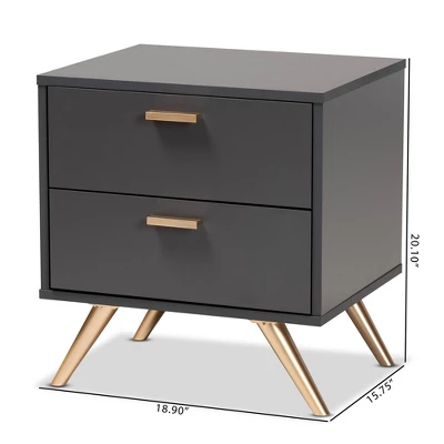 Kelson Wood 2 Drawer Nightstand Dark Gray/Gold - Baxton Studio - Image 4