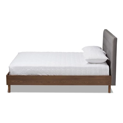 King Alinia Mid Century Retro Modern Fabric Upholstered Walnut Wood Platform Bed - Baxton Studio