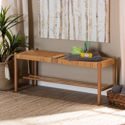 Saura Oak Wood Hemp Dining Bench Brown - Baxton Studio - Image 7