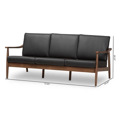 Venza Mid-Modern Walnut Wood Faux Leather 3 Seater Sofa Black - Baxton Studio - Image 7