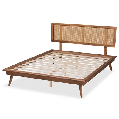 Full Nura Wood And Synthetic Rattan Platform Bed Walnut Brown - Baxton Studio - Image 2
