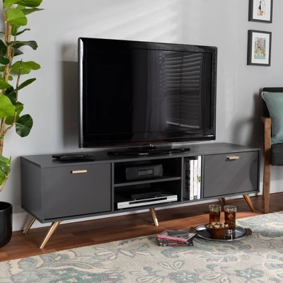 Kelson Wood TV Stand For TVs Up To 55" Dark Gray/Gold - Baxton Studio - Image 3