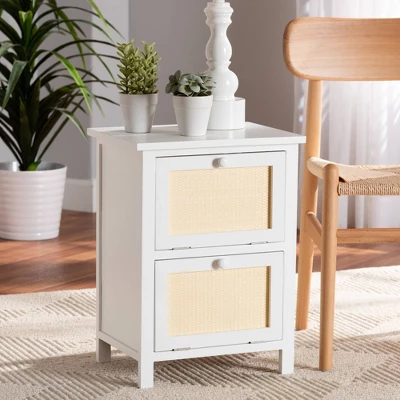 Sariah Wood Rattan 2 Door Nightstand White - Baxton Studio - Image 2