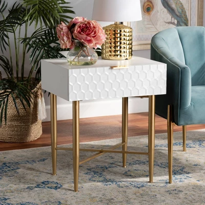 Marcin Wood And Metal 1 Drawer Nightstand White/Gold - Baxton Studio - Image 9