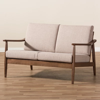 Venza Mid-Modern Walnut Wood Fabric Upholstered 2 Seater Loveseat Light Brown - Baxton Studio - Image 7