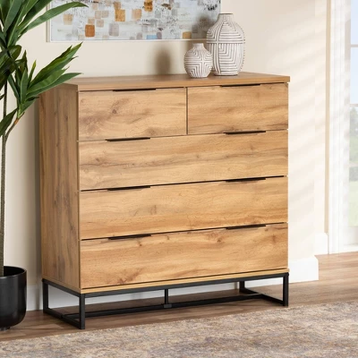 Franklin Wood And Metal 5 Drawer Bedroom Chest Oak/Black - Baxton Studio - Image 6