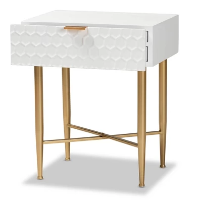 Marcin Wood And Metal 1 Drawer Nightstand White/Gold - Baxton Studio - Image 3