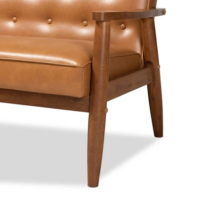 Sorrento Mid-Century Faux Leather Upholstered Wood Sofa Walnut/Brown - Baxton Studio - Image 5