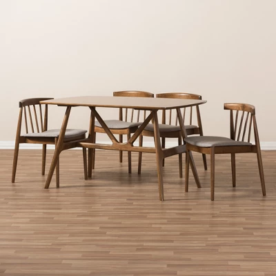 5pc Wyatt Midcentury Modern Walnut Wood Dining Set Beige/Brown - Baxton Studio - Image 7