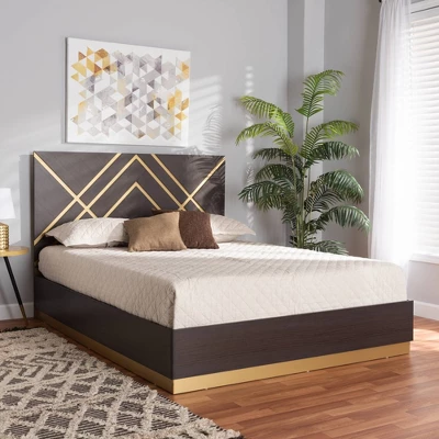 Queen Arcelia Two-Tone Wood Platform Bed Walnut Brown/Gold - Baxton Studio - Image 6