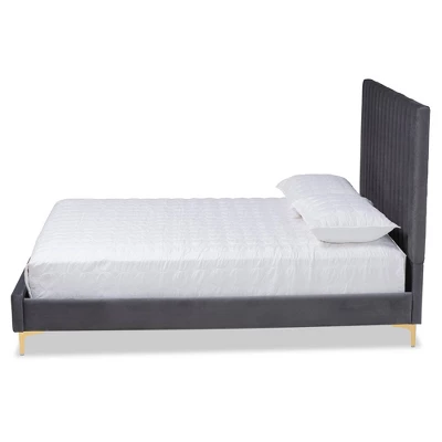 Queen Serrano Velvet Fabric Upholstered And Metal Platform Bed Gray/Gold - Baxton Studio - Image 2