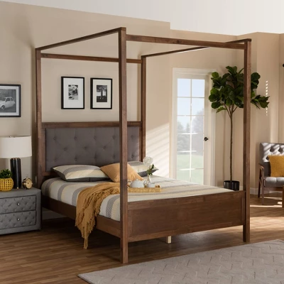 Natasha Fabric Upholstered Wood Platform Canopy Bed Gray/Walnut Brown - Baxton Studio - Image 5