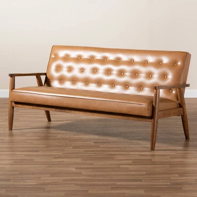 Sorrento Mid-Century Faux Leather Upholstered Wood Sofa Walnut/Brown - Baxton Studio - Image 7