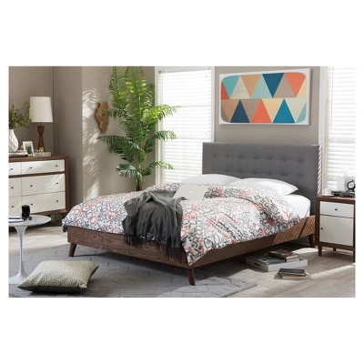Alinia Mid-Century Retro Modern Fabric Upholstered Walnut Wood Platform Bed - Queen - Baxton Studio - Image 4