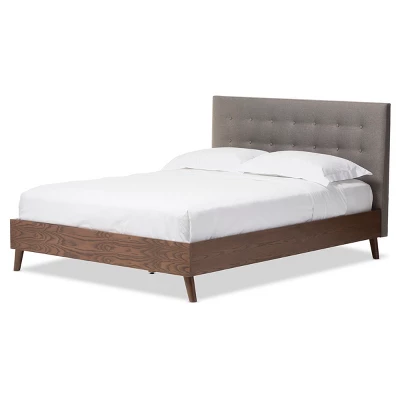 Alinia Mid-Century Retro Modern Fabric Upholstered Walnut Wood Platform Bed - Queen - Baxton Studio - Image 5