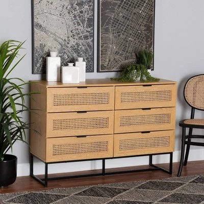 Sawyer Wood And Metal 6 Drawer Storage Cabinet With Natural Rattan Oak Brown/Black - Baxton Studio - Image 3