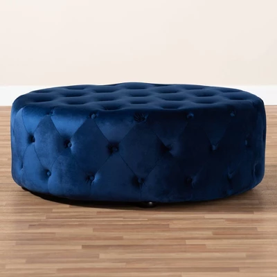 Cardiff Velvet Fabric Upholstered Button Tufted Cocktail Ottoman Blue - Baxton Studio - Image 4