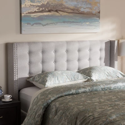 Queen Ginaro Modern And Contemporary Fabric Button Tufted Nail Head Winged Headboard Gray - Baxton Studio - Image 3