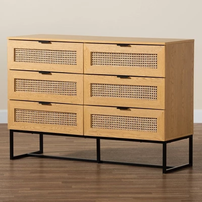 Sawyer Wood And Metal 6 Drawer Storage Cabinet With Natural Rattan Oak Brown/Black - Baxton Studio - Image 8