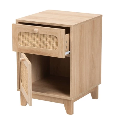 Elsbeth Wood And Natural Rattan 1 Drawer End Table Light Brown/Natural Brown - Baxton Studio - Image 2