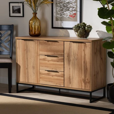 Reid Wood & Metal 3 Drawer Sideboard Buffet Oak/Black - Baxton Studio - Image 6