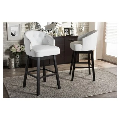 Set Of 2 Avril Modern And Contemporary Faux Leather Tufted Swivel Barstool With Nail Heads Trim - White - Baxton Studio - Image 3