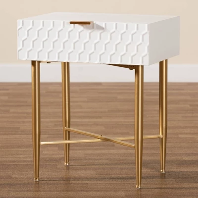 Marcin Wood And Metal 1 Drawer Nightstand White/Gold - Baxton Studio - Image 10