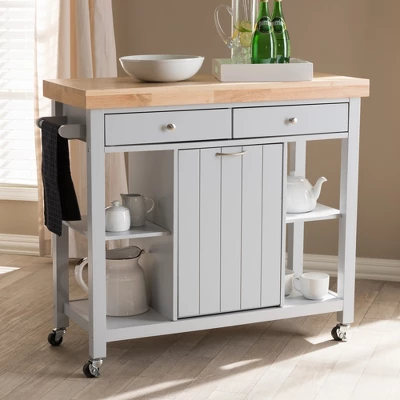 Hayward Coastal And Farmhouse Natural Wood Kitchen Cart White, Light Brown - Baxton Studio - Image 2