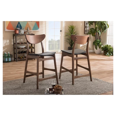 24" Latina Mid - Century Modern Faux Leather Upholstered Wood Finishing Counter Height Barstool Black - Baxton Studio - Image 3