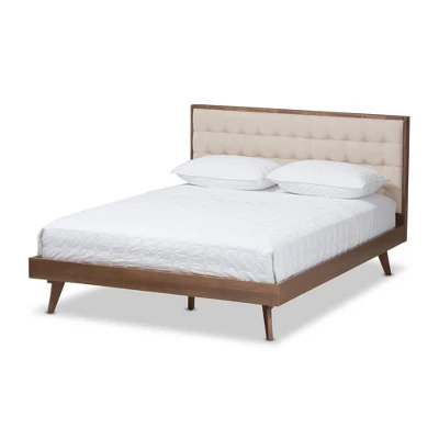 Soloman Mid - Century Modern Fabric And Walnut Finished Wood Platform Bed - Baxton Studio - Image 9