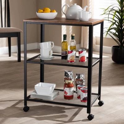 Verna Metal And Wood Kitchen Serving Cart Oak Brown/Black - Baxton Studio - Image 4