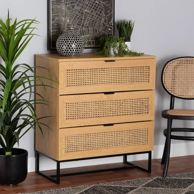 Sawyer Wood And Metal 3 Drawer Storage Cabinet With Natural Rattan Oak Brown/Black - Baxton Studio - Image 3