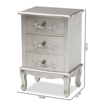 Callen Brushed Wood 3 Drawer Nightstand Silver - Baxton Studio - Image 9