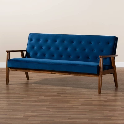 Sorrento Velvet Upholstered Wooden 3 Seater Sofa Navy Blue/Brown - Baxton Studio - Image 7