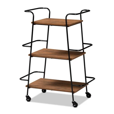 Small Bernard Rustic Industrial Metal And Wood 3 Tier Mobile Wine Bar Cart Black/Walnut - Baxton Studio - Image 3