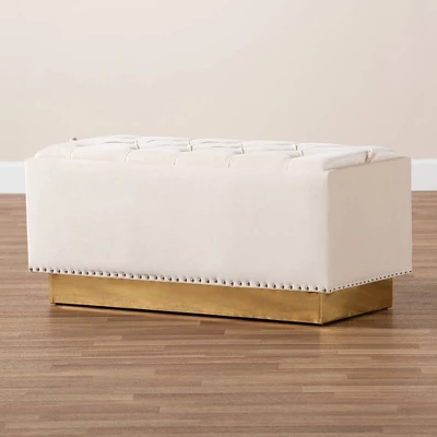 Powell Velvet Fabric Upholstered And PU Leather Ottoman Gold - Baxton Studio - Image 8