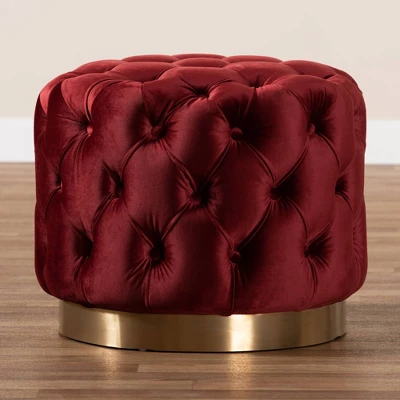 Valeria Velvet Button Tufted Ottoman Burgundy Heather - Baxton Studio - Image 2