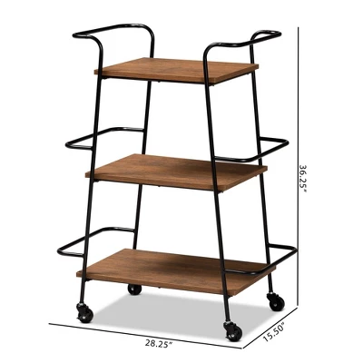 Small Bernard Rustic Industrial Metal And Wood 3 Tier Mobile Wine Bar Cart Black/Walnut - Baxton Studio - Image 10