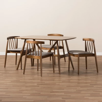 5pc Wyatt Midcentury Modern Walnut Wood Dining Set Beige/Brown - Baxton Studio - Image 6