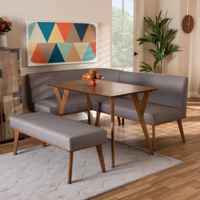 4pc Odessa Mid-Century Modern Fabric Upholstered Wood Dining Nook Set Walnut/Brown - Baxton Studio - Image 8