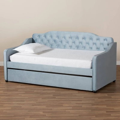 Twin Freda Velvet Tufted Daybed With Trundle Light Blue - Baxton Studio - Image 9