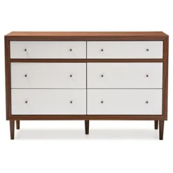 Harlow Mid-Century Modern Scandinavian Style Wood 6 Drawer Storage Dresser White/Walnut - Baxton Studio