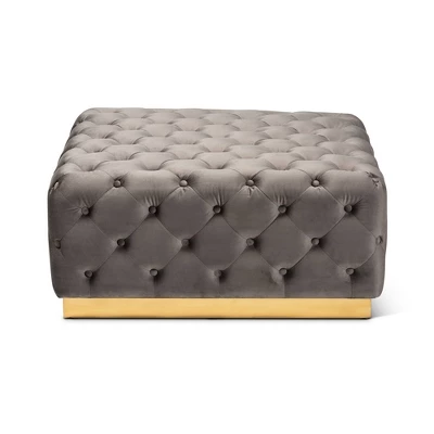 Verene Velvet Upholstered Square Cocktail Ottoman Gray/Gold - Baxton Studio