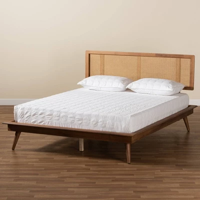 Full Nura Wood And Synthetic Rattan Platform Bed Walnut Brown - Baxton Studio - Image 6