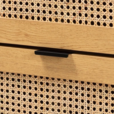 Sawyer Wood And Metal 3 Drawer Storage Cabinet With Natural Rattan Oak Brown/Black - Baxton Studio - Image 5