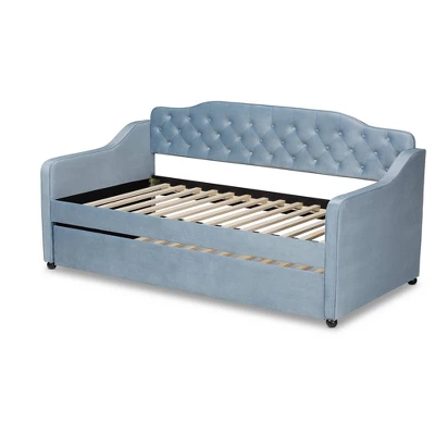Twin Freda Velvet Tufted Daybed With Trundle Light Blue - Baxton Studio - Image 3