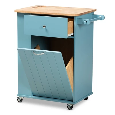 Liona Sky Wood Kitchen Storage Cart Blue/Natural - Baxton Studio